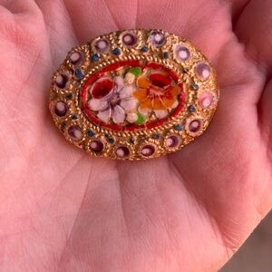 Gold-Tone Floral Micro Mosaic Oval Brooch - Pink, Red, Orange